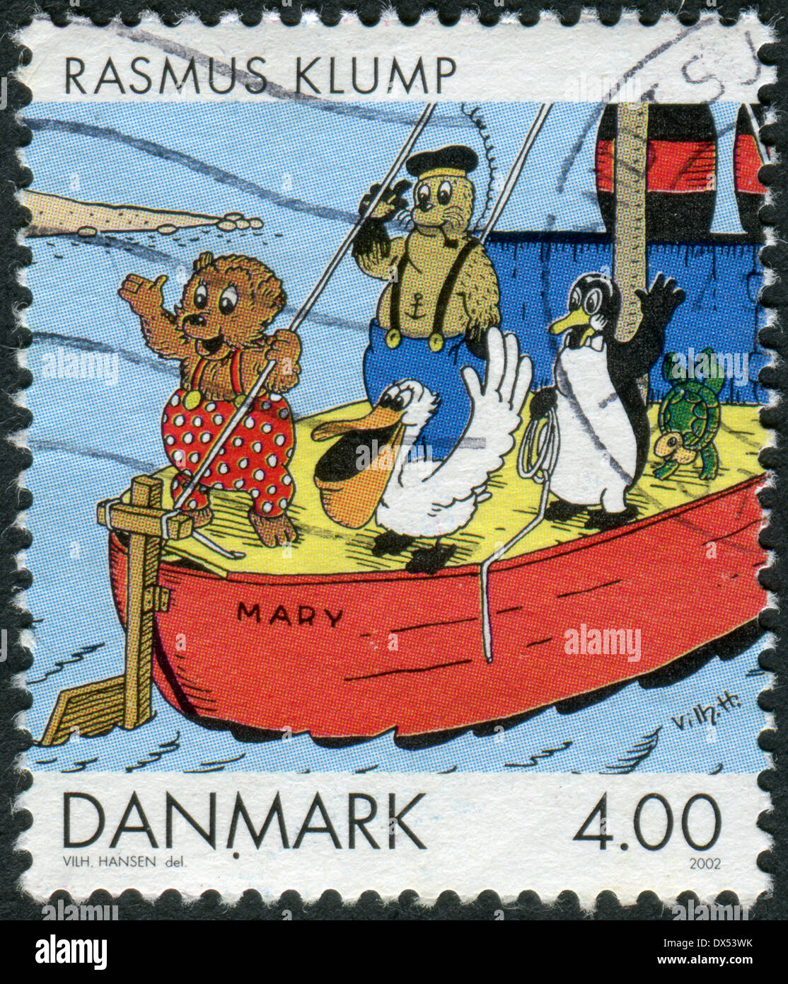 Postage stamp printed in Denmark, Comics and Cartoons Issue, shows Rasmus Klump, by Vilhelm Hansen Stock Photo