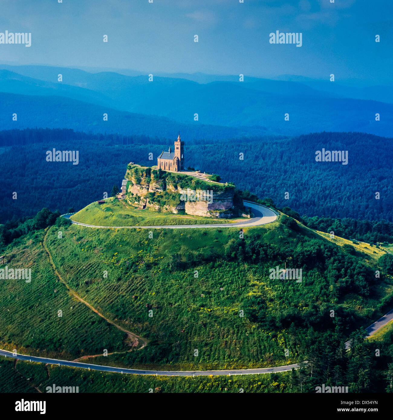 Aerial of Dabo rock with St Leon chapel Moselle Lorraine France Europe Stock Photo
