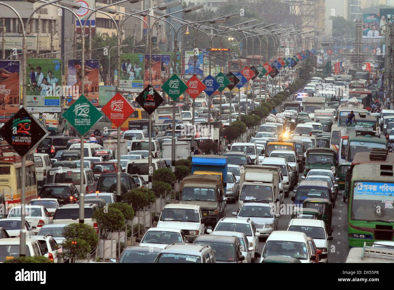 Dhaka, Bangladesh. 18 March 2014. Numerous vehicles jam in traffic on