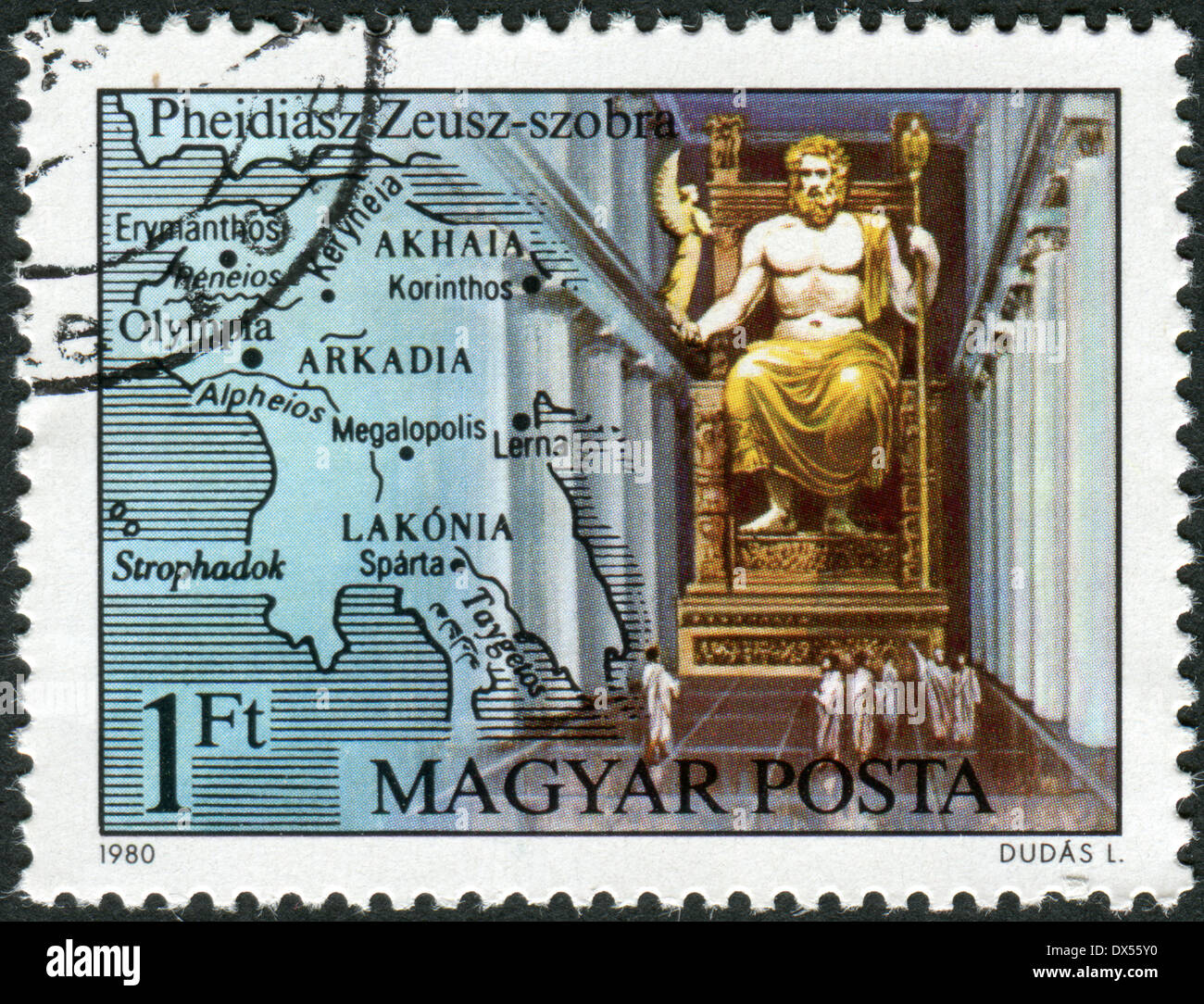 HUNGARY - CIRCA 1980: Postage stamp printed in Hungary, shows Statue of Zeus in Olympia, by Pheidias, circa 1980 Stock Photo