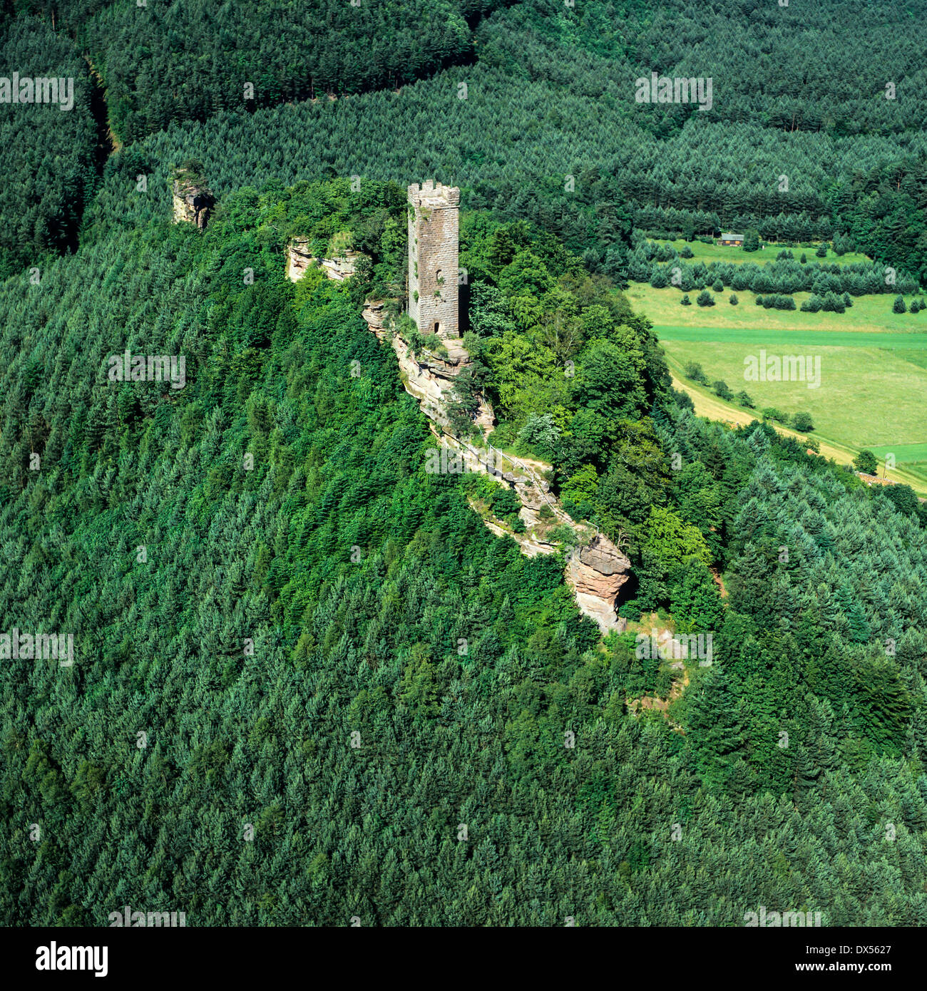 Aerial of Waldeck castle ruins 14th Century Moselle Lorraine France
