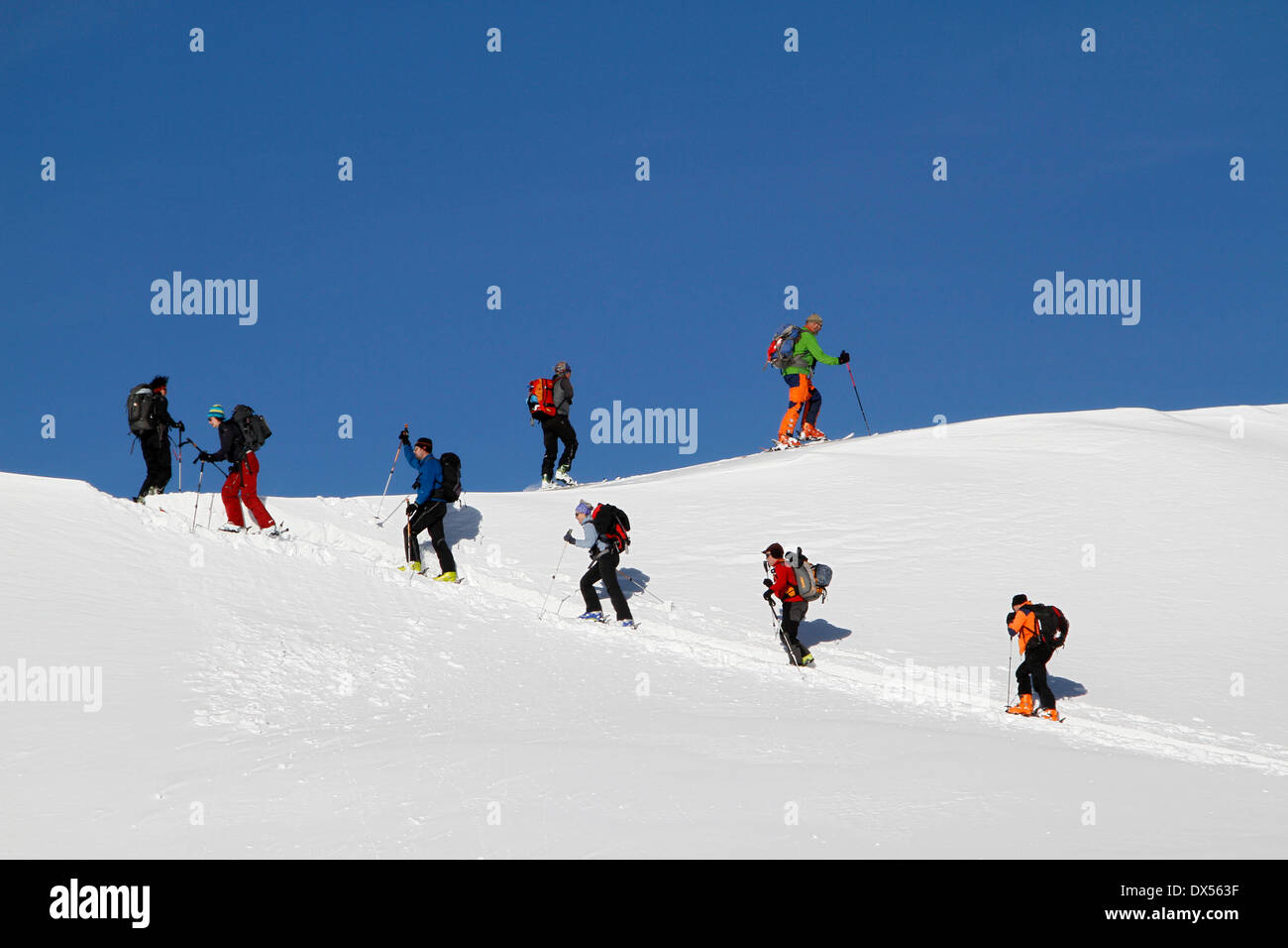 Ski touring group in the ascent to the Piz Arina, Graubünden, Switzerland Stock Photo