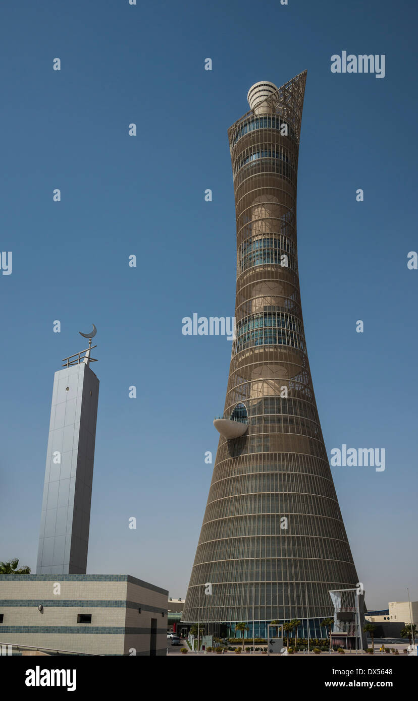 Mosque and the Aspire Tower, Aspire Zone, Doha, Qatar, United Arab Emirates Stock Photo