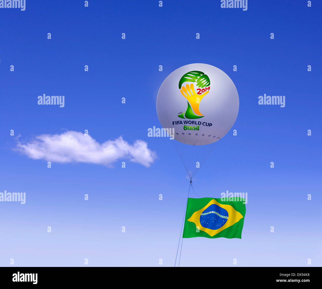 Logo of FIFA World Cup Brazil on moored balloon and Brazilian flag Stock Photo