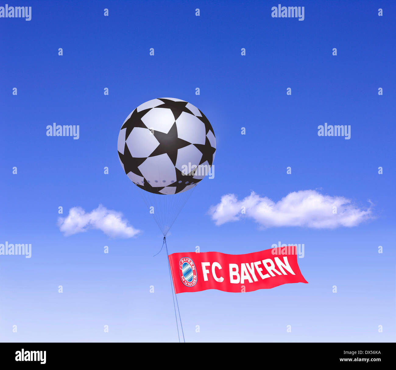 Moored balloon as Champions League football with the flag of FC Bayern Munich Stock Photo