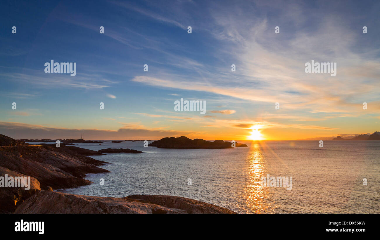 Sunset on the coast, near Henningsvaer, Austvågøy or Austvågøya, Lofoten, Norway Stock Photo