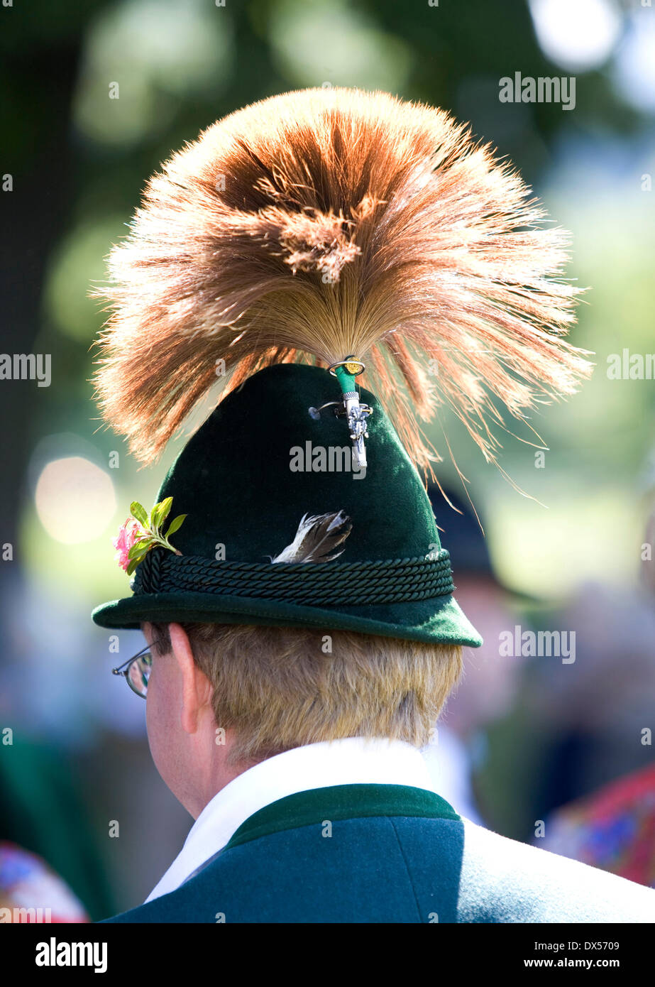 Man wearing traditional Bavarian hat with gamsbart, Mondsee, Salzkammergut, Austria Stock Photo