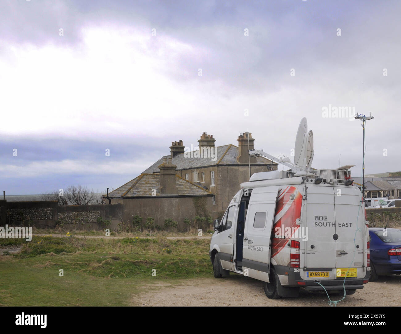 Birling Gap, East Sussex, UK. 18 March 2014. Media interest at Birling Gap as Coastguard Cottage No 3 is being prepared for demolition. Credit:  David Burr/Alamy Live News Stock Photo