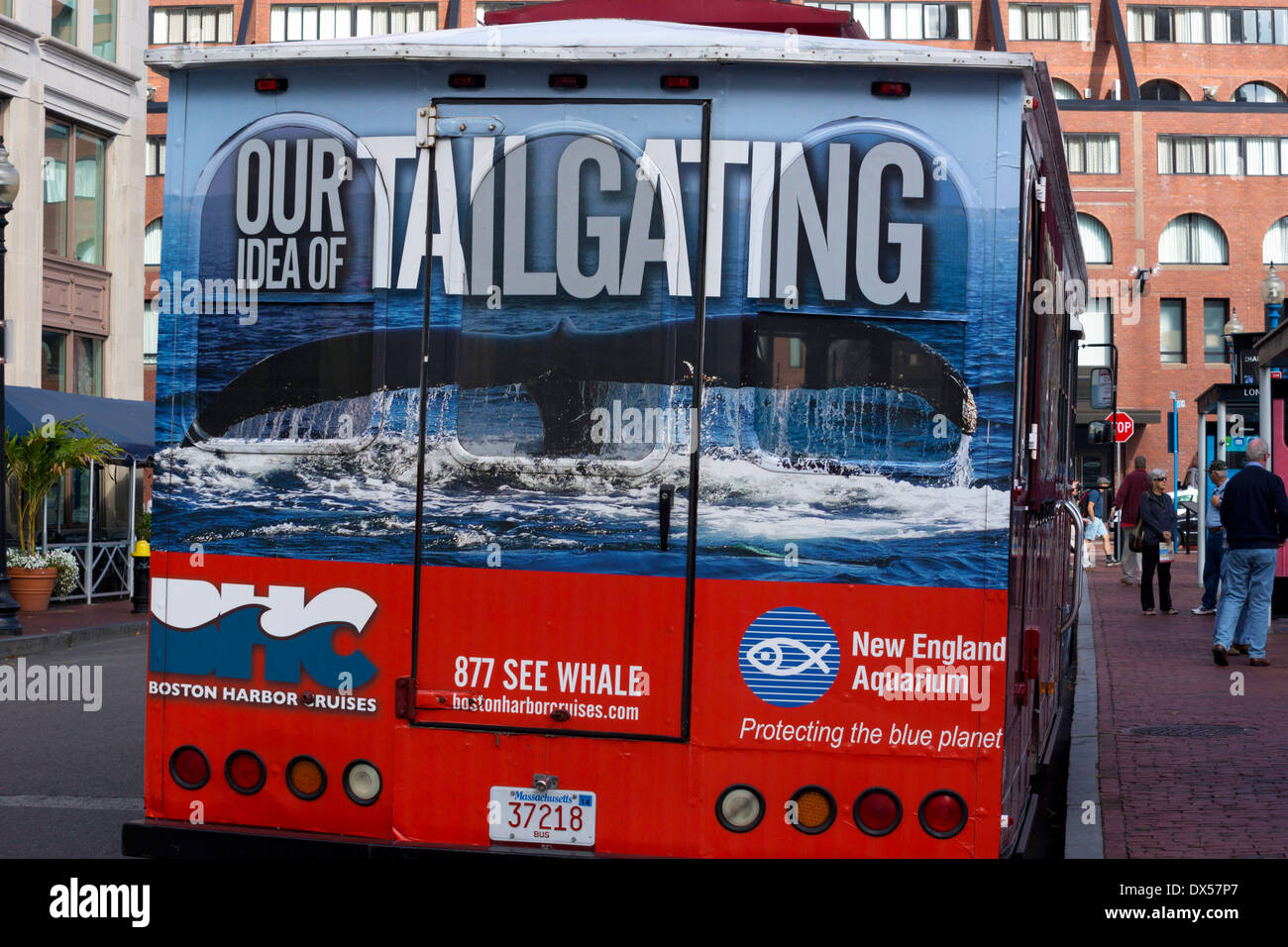 Advert on the back of a bus for the New England Aquarium, Boston, Massachusetts, USA Stock Photo