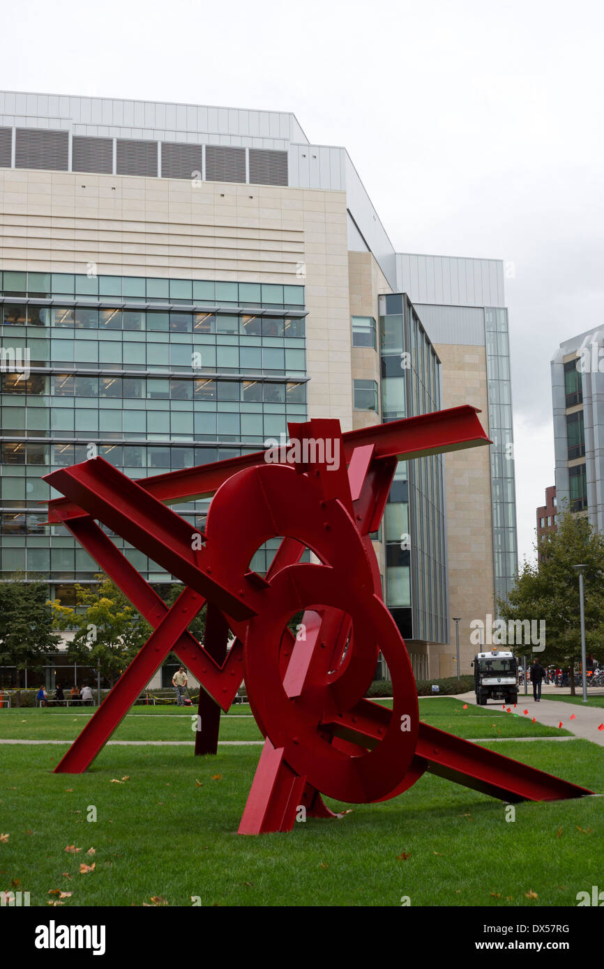 Red metal sculpture by artist Mark di Suvero at MIT in Boston, USA Stock Photo