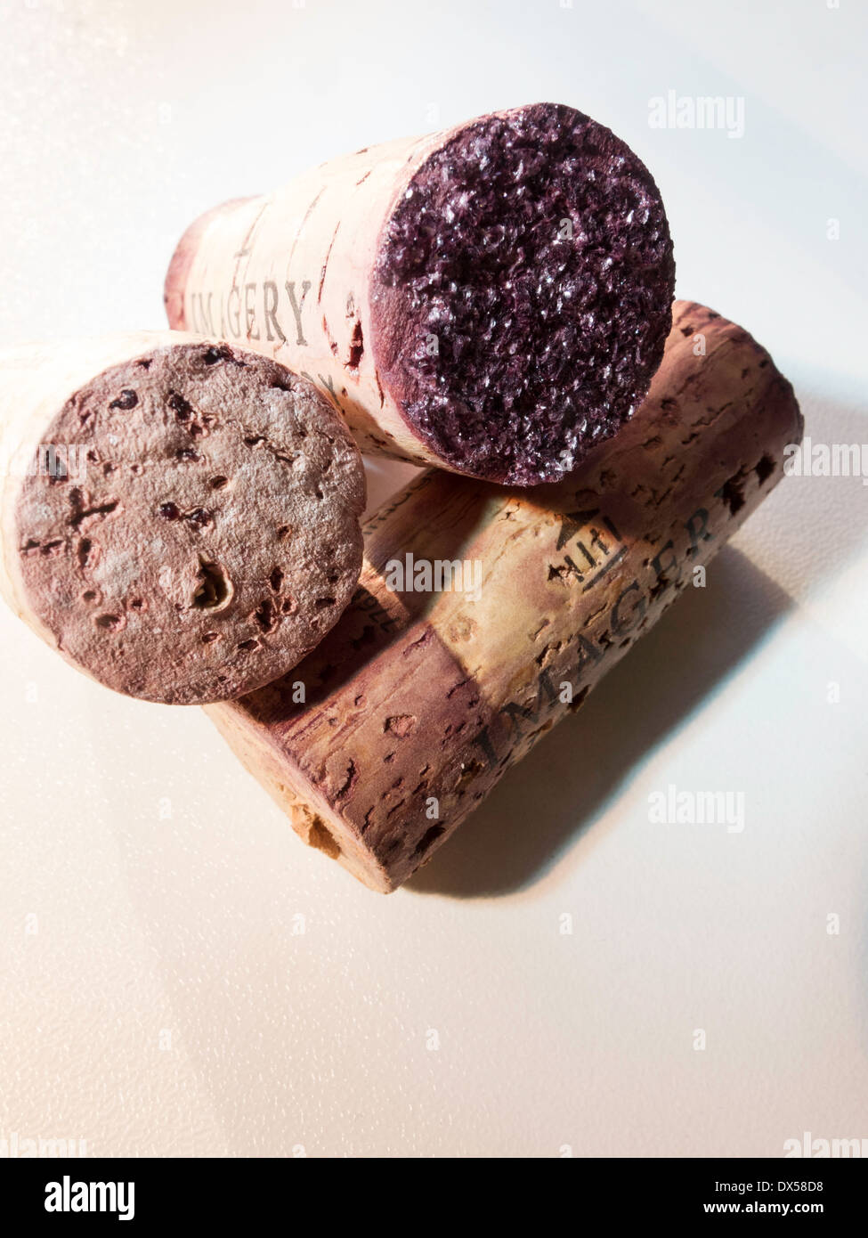 Still Life, Red Wine Corks with Crystal Deposits Stock Photo