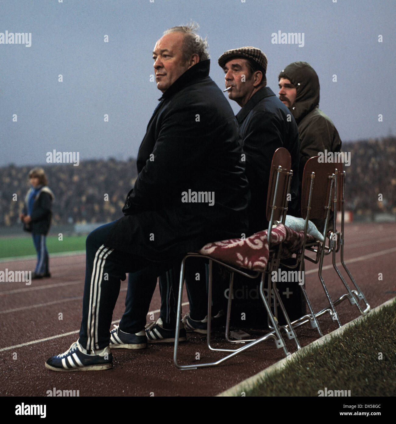 football, Bundesliga, 1973/1974, Park Stadium Gelsenkirchen, FC Schalke 04 versus 1. FC Cologne 2:2, coaching bench, left coach Zlatko Cajkovski (Cologne), Tschik Stock Photo