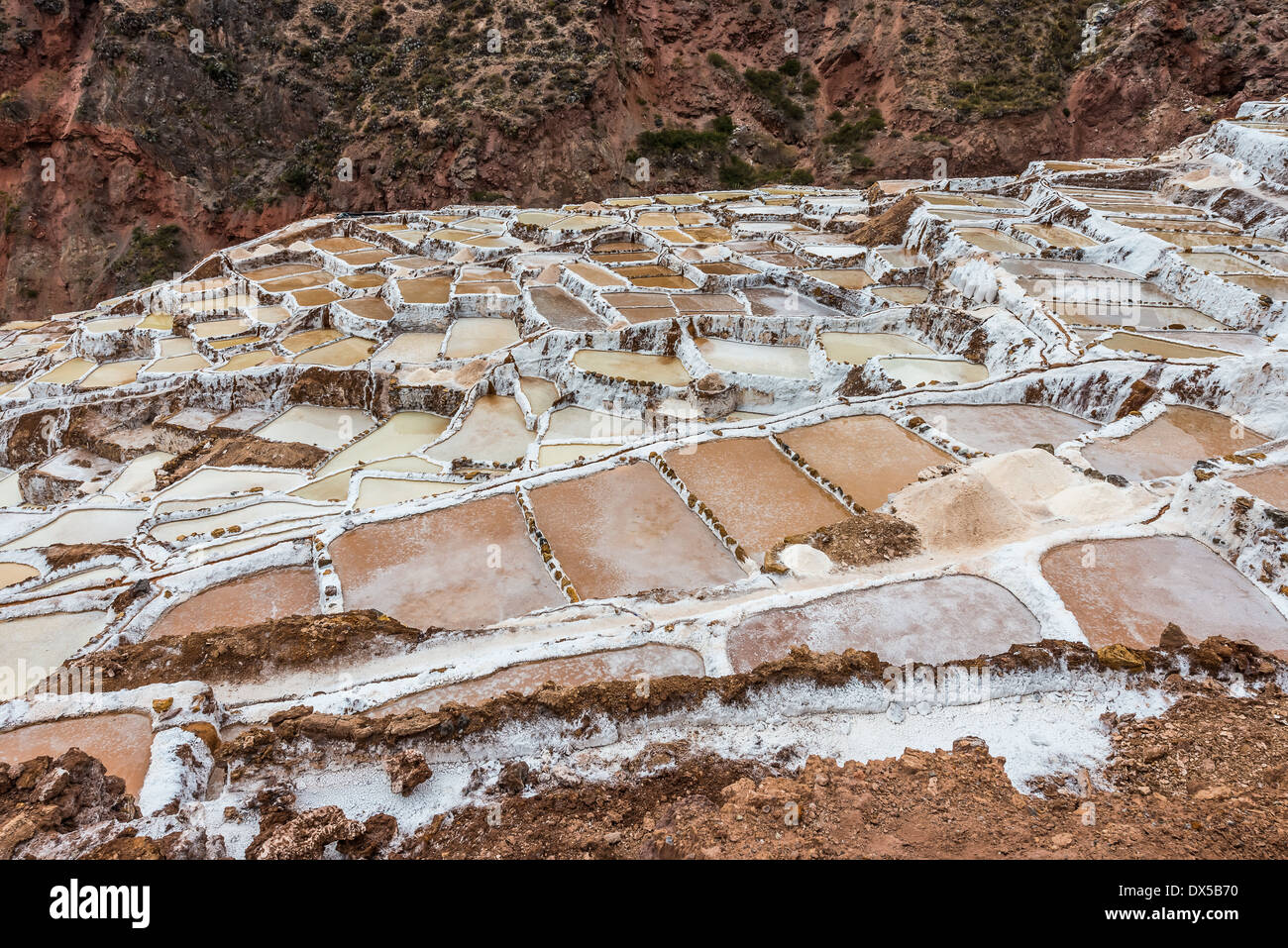 Maras salt mines in the peruvian Andes at Cuzco Peru Stock Photo