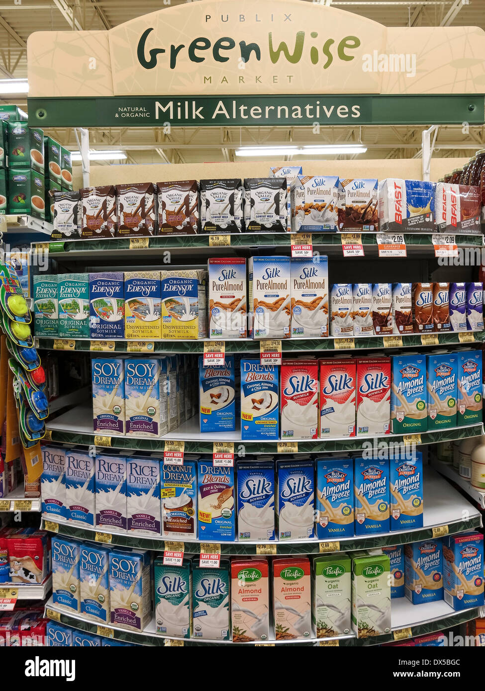 Organic Milk Alternatives Display, Publix Super Market in Flagler Beach, Florida Stock Photo