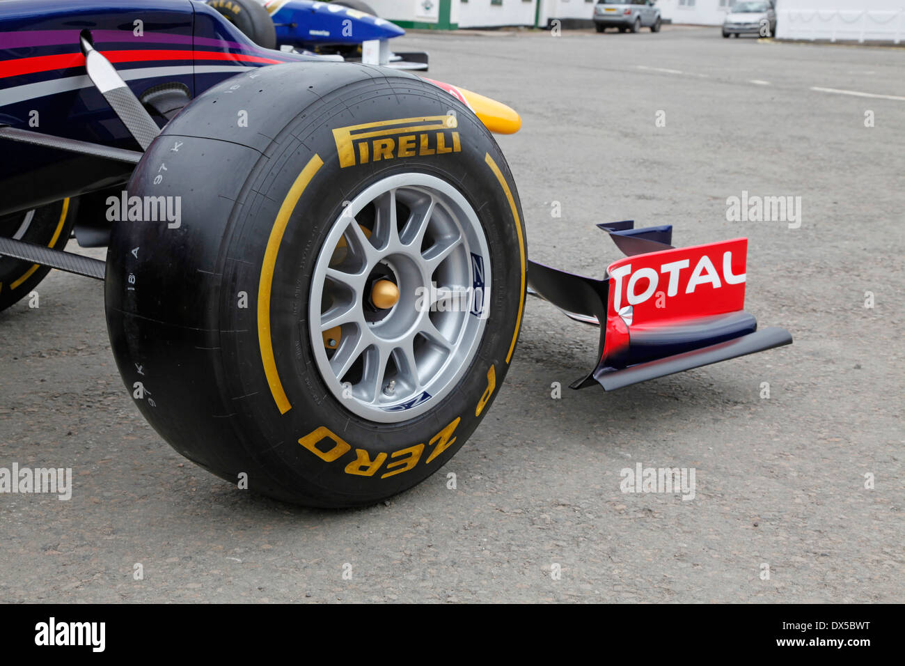 Pirelli Tyre on a Red Bull RB6 at Mallory Park Stock Photo