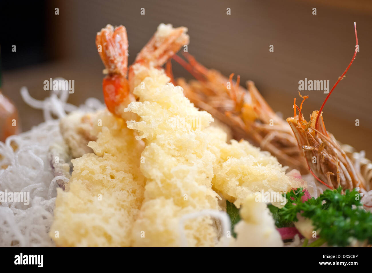 Japanese style tempura shrimps extreme closeup macro Stock Photo