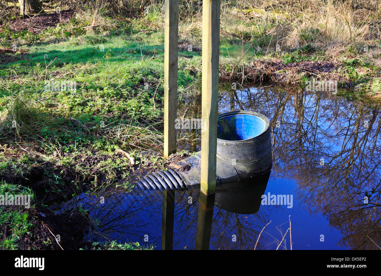 A simple water level outflow pipe at Alderfen Broad Nature Reserve, Norfolk, England, United Kingdom. Stock Photo