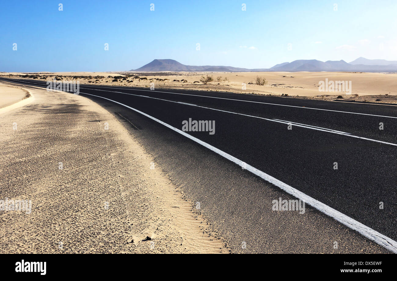 Winding road through the dunes of Corralejo Stock Photo