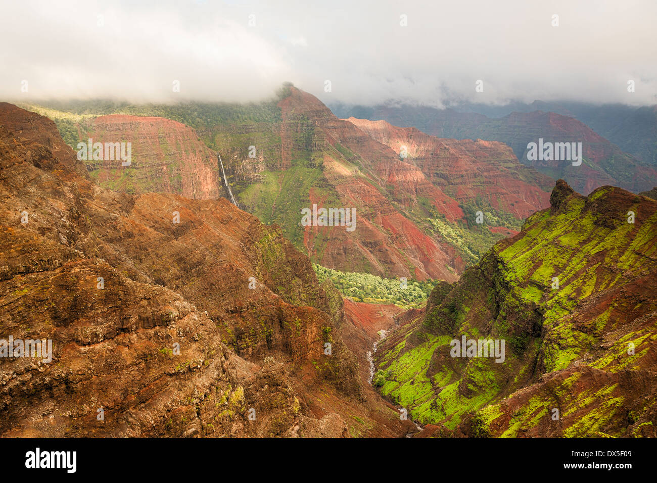 Waimea Canyon, Kauai Island, Hawaii, USA with waterfall and deep valley gorge Stock Photo