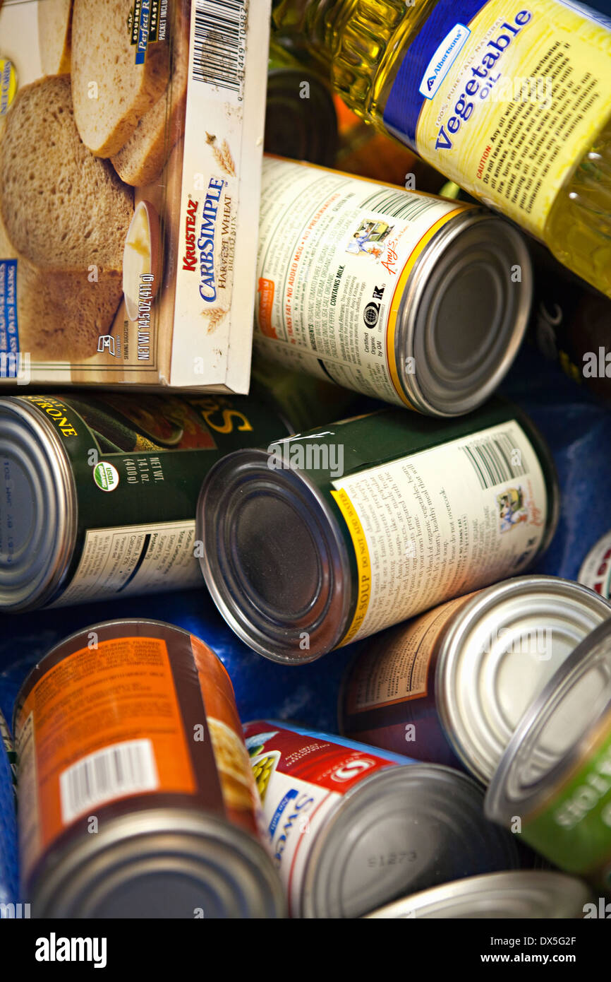 Variety of canned food and boxed food, close up, directly above, full frame Stock Photo