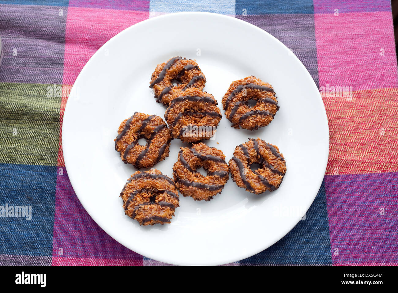 A plate of Girl Scout Cookies. Samoas/ Caramel deLites with a glass of milk Stock Photo