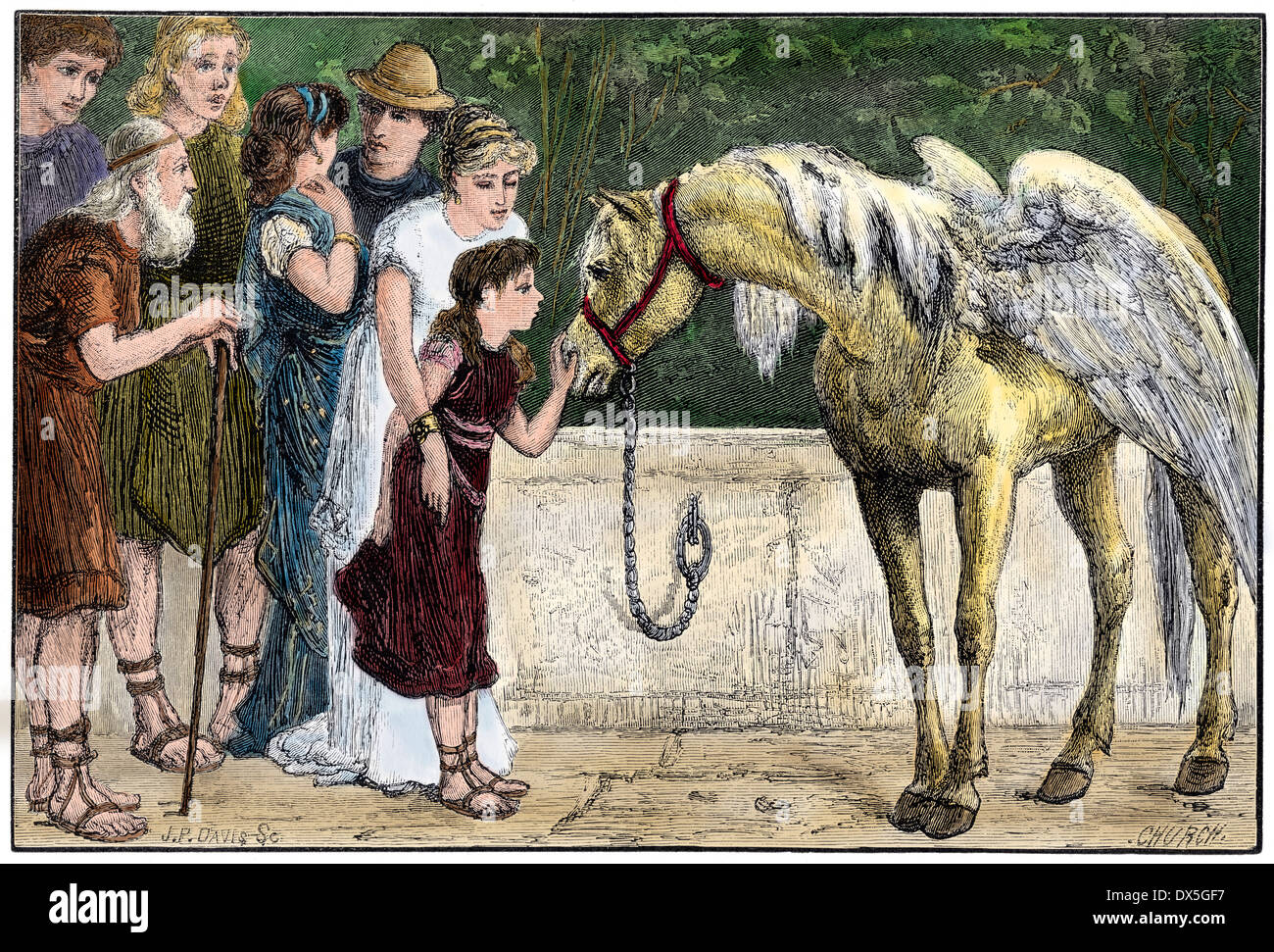 Pegasus petted by a young girl in ancient Greece. Hand-colored woodcut Stock Photo