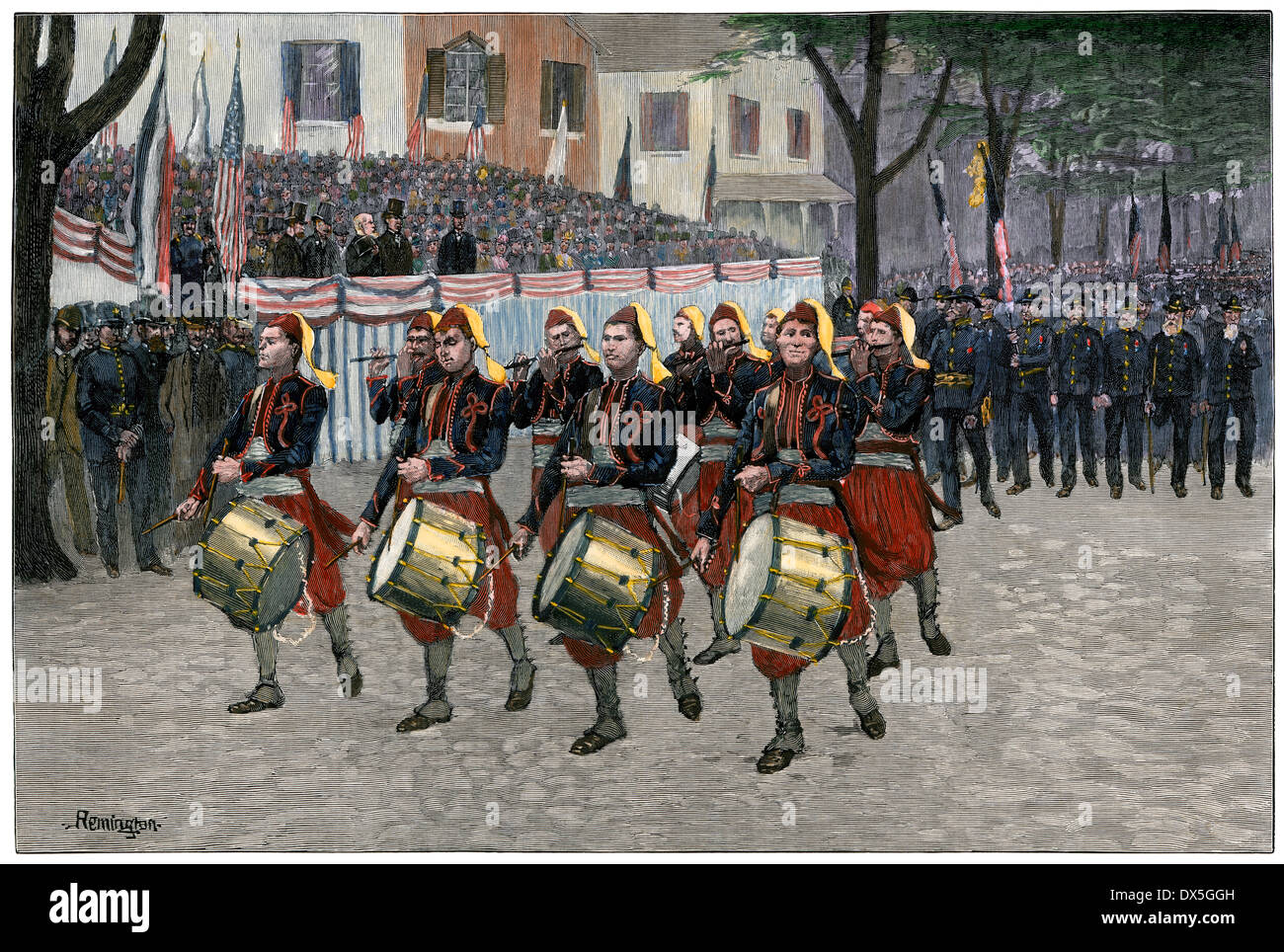 President Benjamin Harrison reviewing a parade in Elizabeth, New Jersey, 1889. Hand-colored woodcut Stock Photo