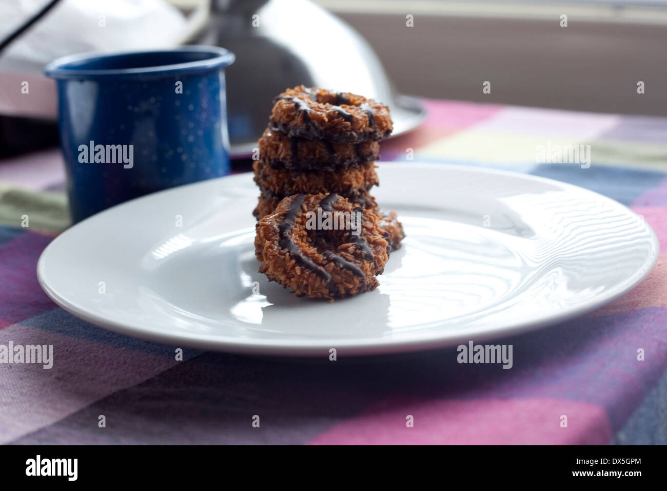 A plate of Girl Scout Cookies. Samoas/ Caramel deLites with a glass of milk Stock Photo