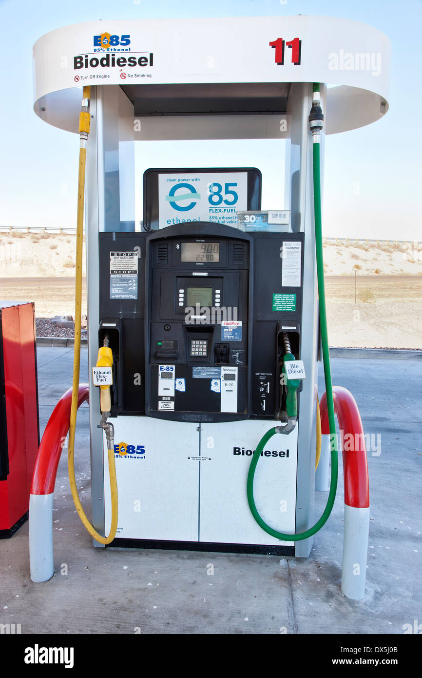 Fuel pump at service station  E-85 Ethanol Flex-fuel & 20% Biodiesel. Is a fuel derived from variety of agricultural products. Stock Photo