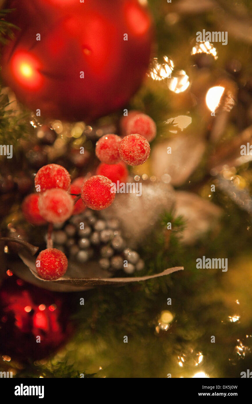 Berry and ball ornaments hanging in illuminated Christmas tree, close up Stock Photo