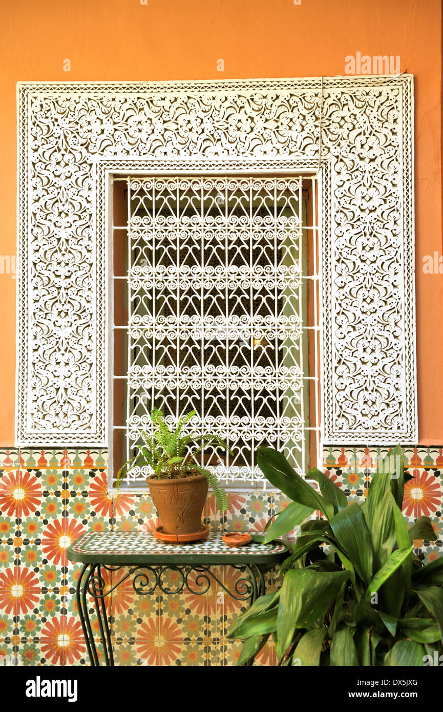 Fancy iron work grating over window, Marrakech, Morocco Stock Photo