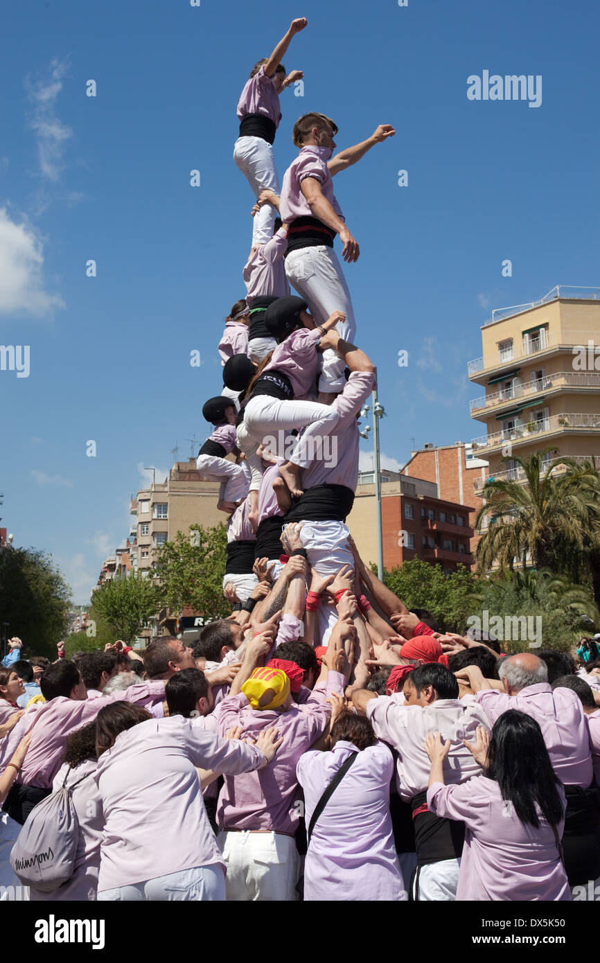 Castellers Minyons de Terrassa performing human towers in the festival of La Sagrada Familia on April 21, 2013 in Barcelona. Stock Photo