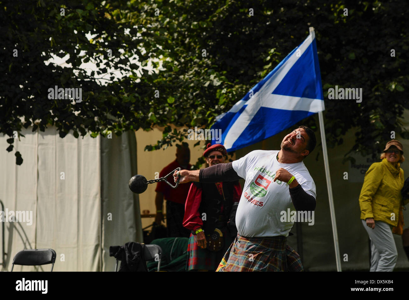 Scottish heavy weight competitors in Glasgow Green during the World Pipe Band Championships. Stock Photo