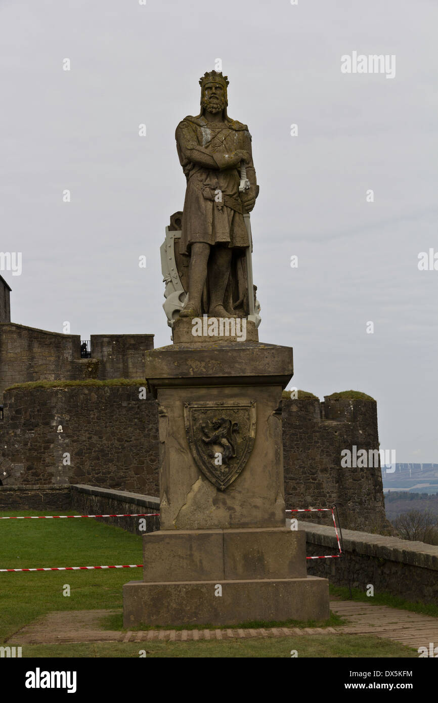 Statue of Robert the Bruce, medieval hero, on the castle esplanade at Stirling Castle, before the main entrance of the Castle. Stock Photo