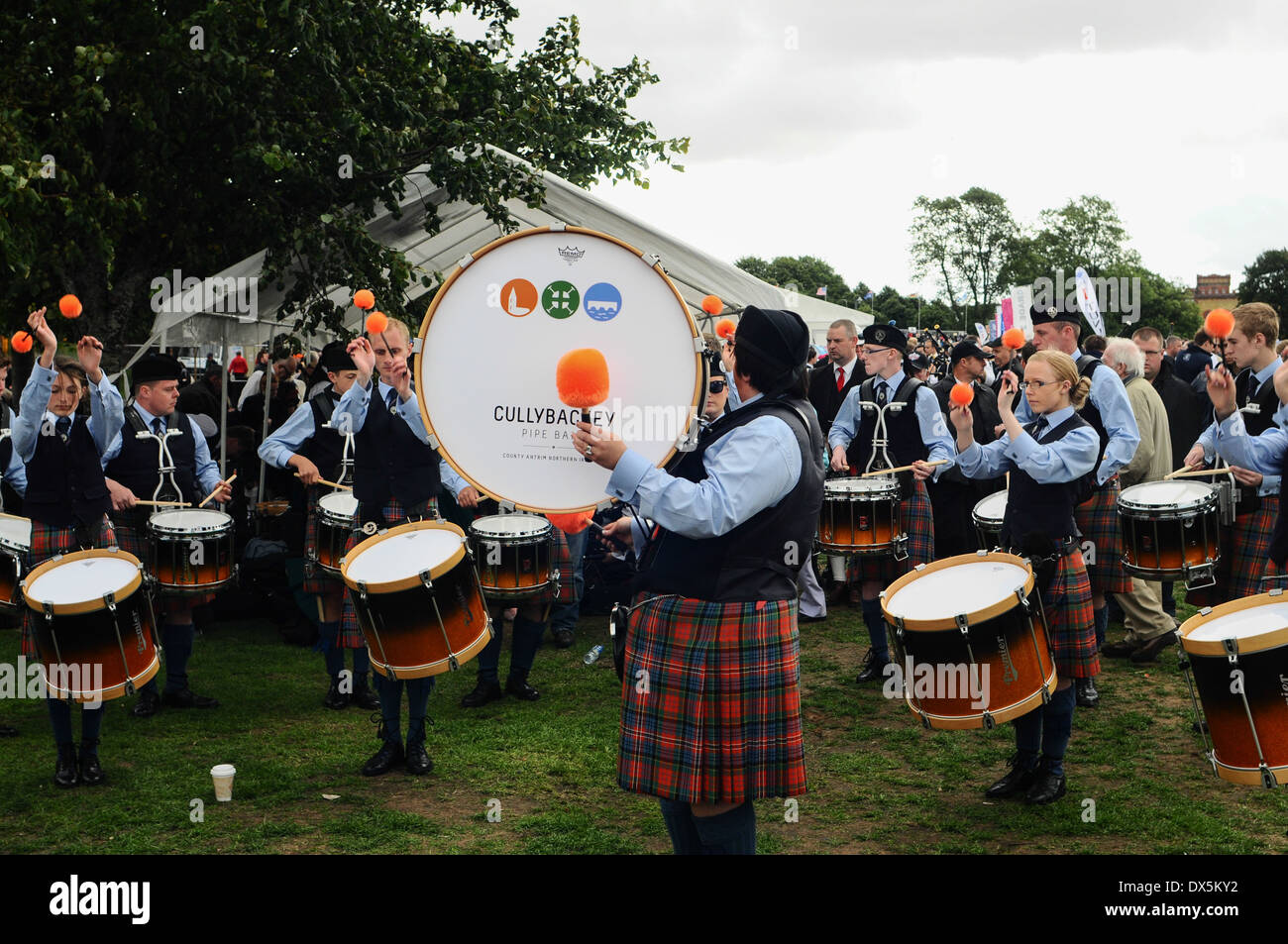 Pipe band competing at a Scottish Highland pipe band competition. The