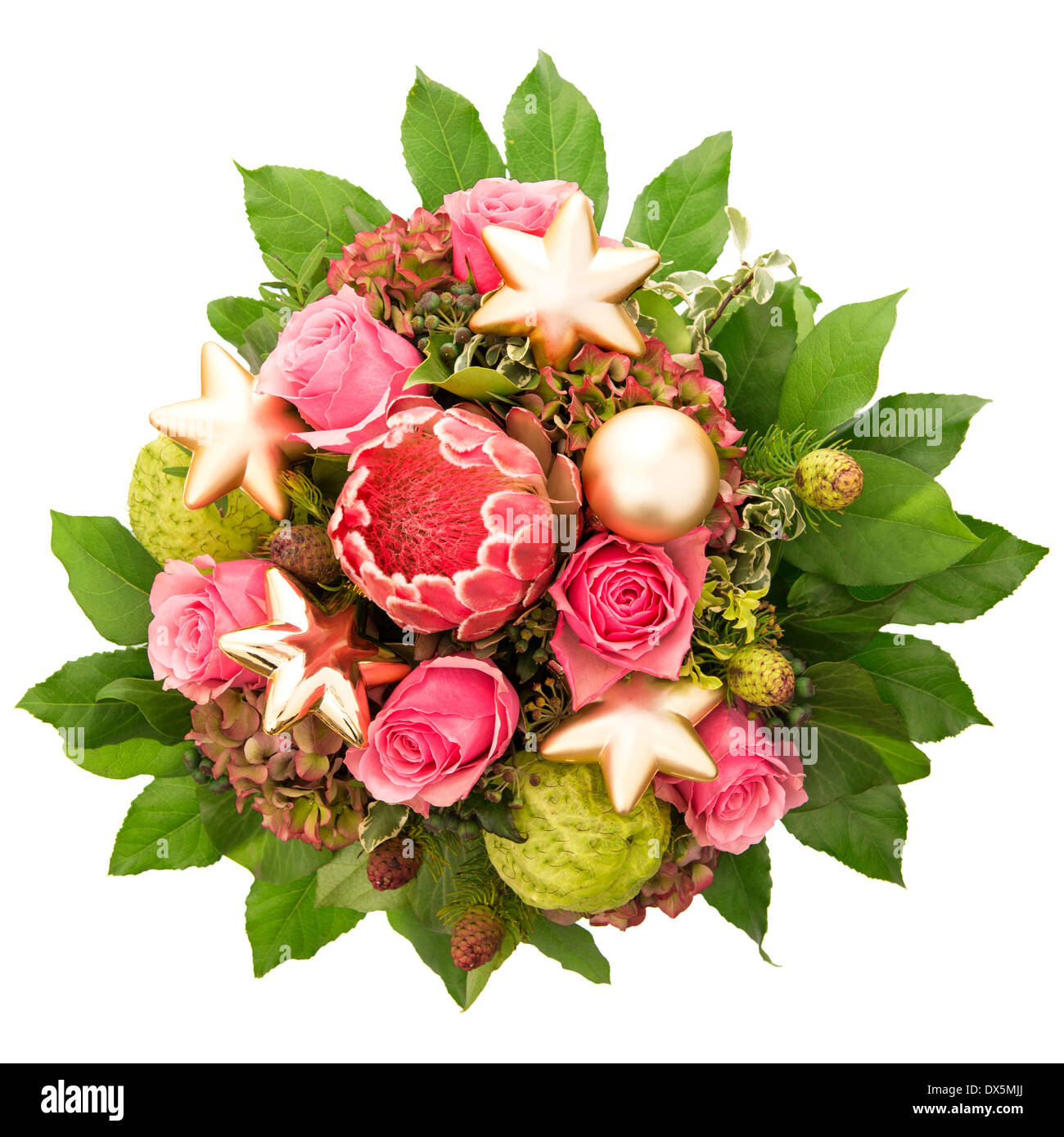 bouquet of fresh pink roses with golden christmas decoration isolated on white background Stock Photo