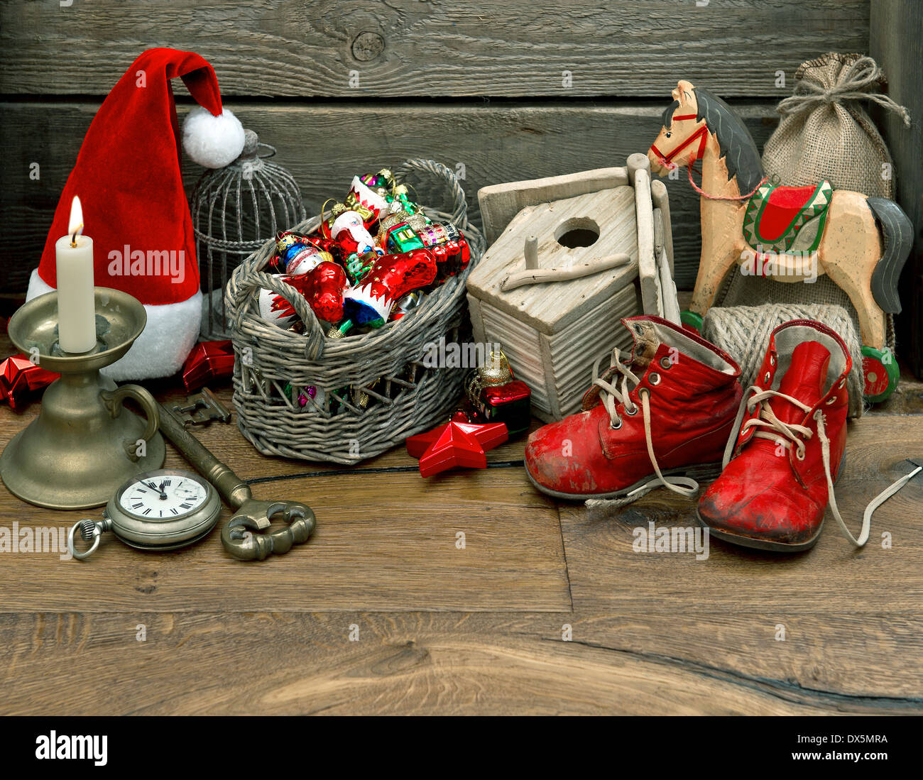 antique nostalgic christmas toys decoration over wooden background Stock Photo