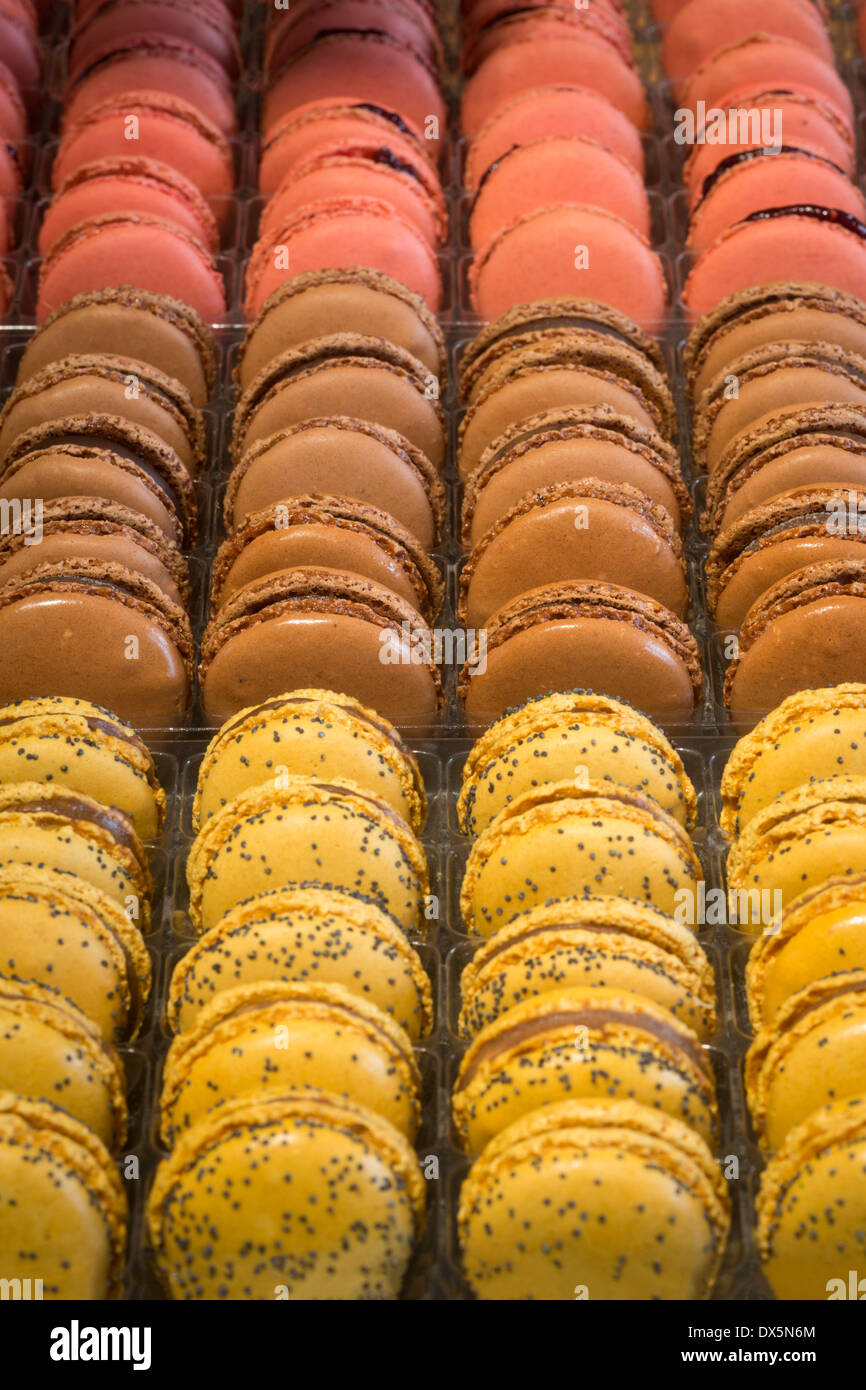A display of varied macaroons (France).  Présentation de macarons variés (France). Stock Photo