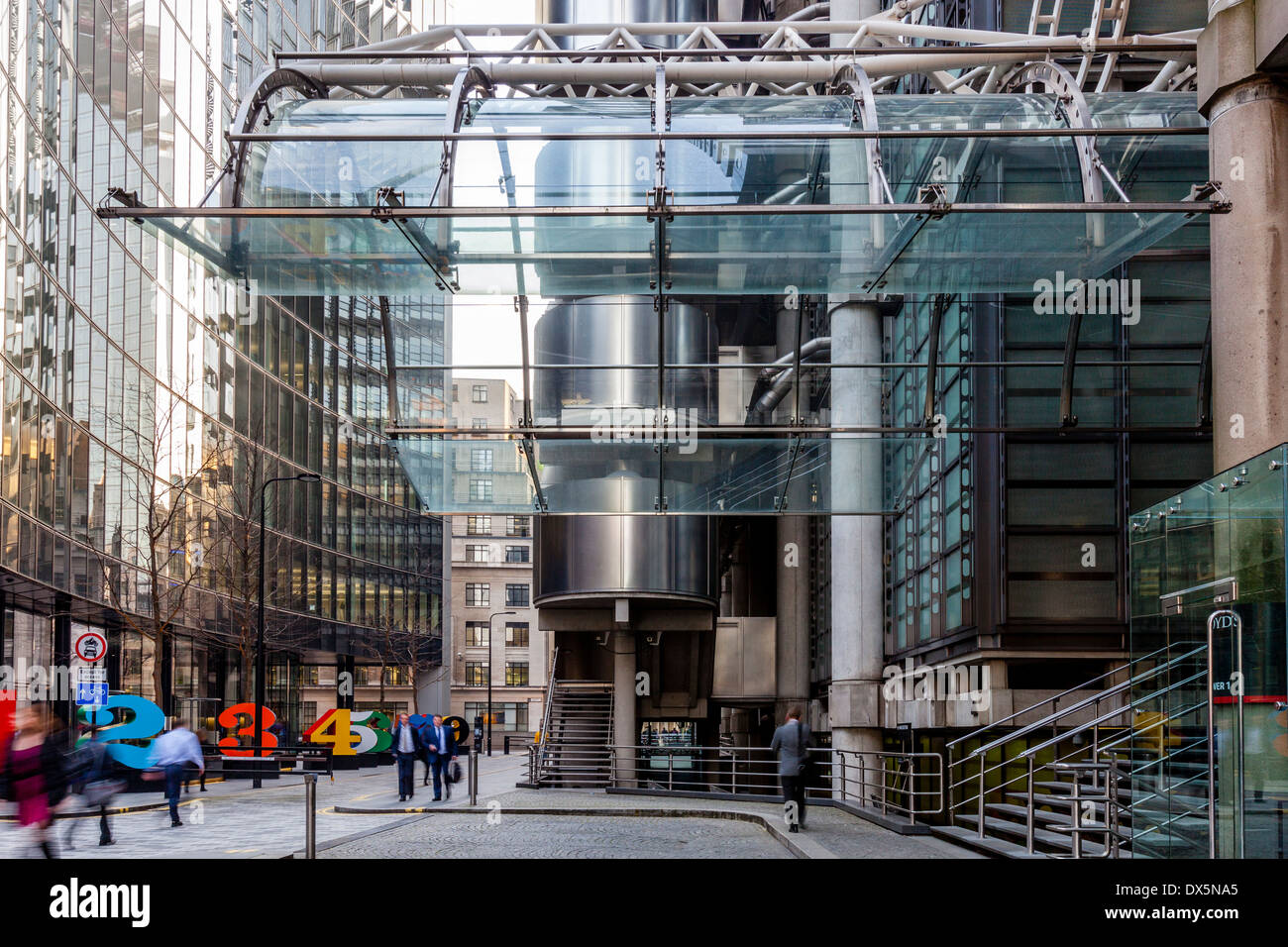 The Entrance To Lloyds Insurance Building, Lime Street, London, England Stock Photo