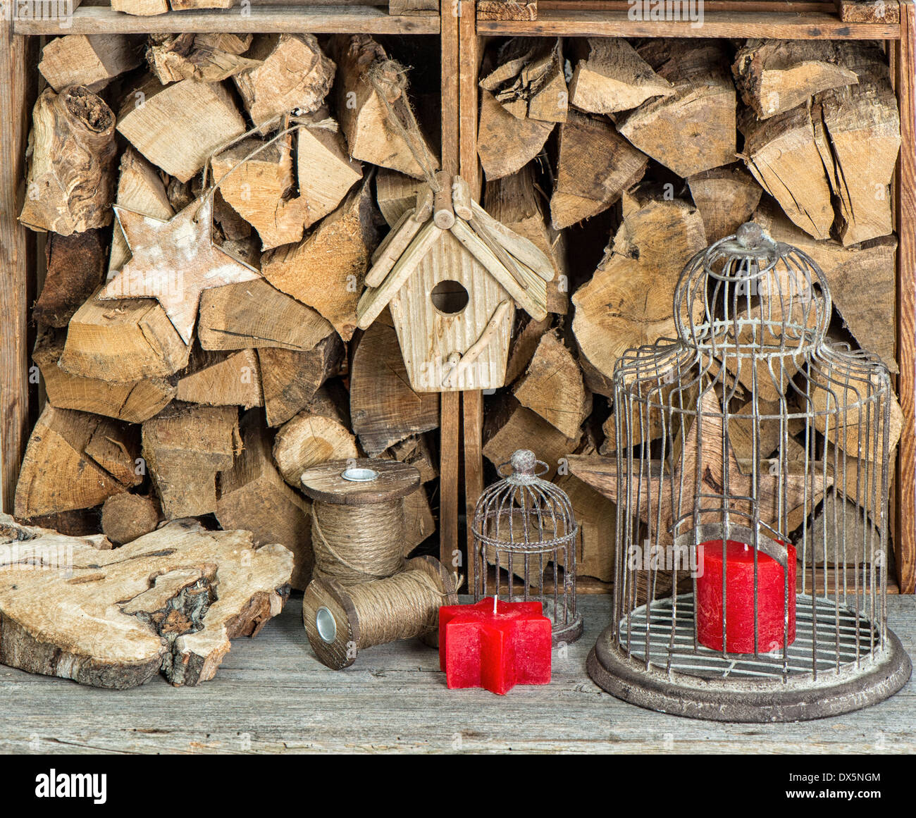 vintage style christmas decoration with red candles. retro home interior Stock Photo Alamy