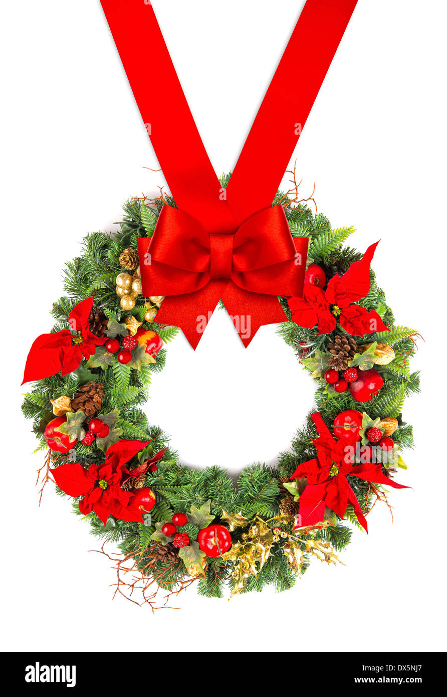 christmas wreath with poinsettia flowers, golden decoration and red ...