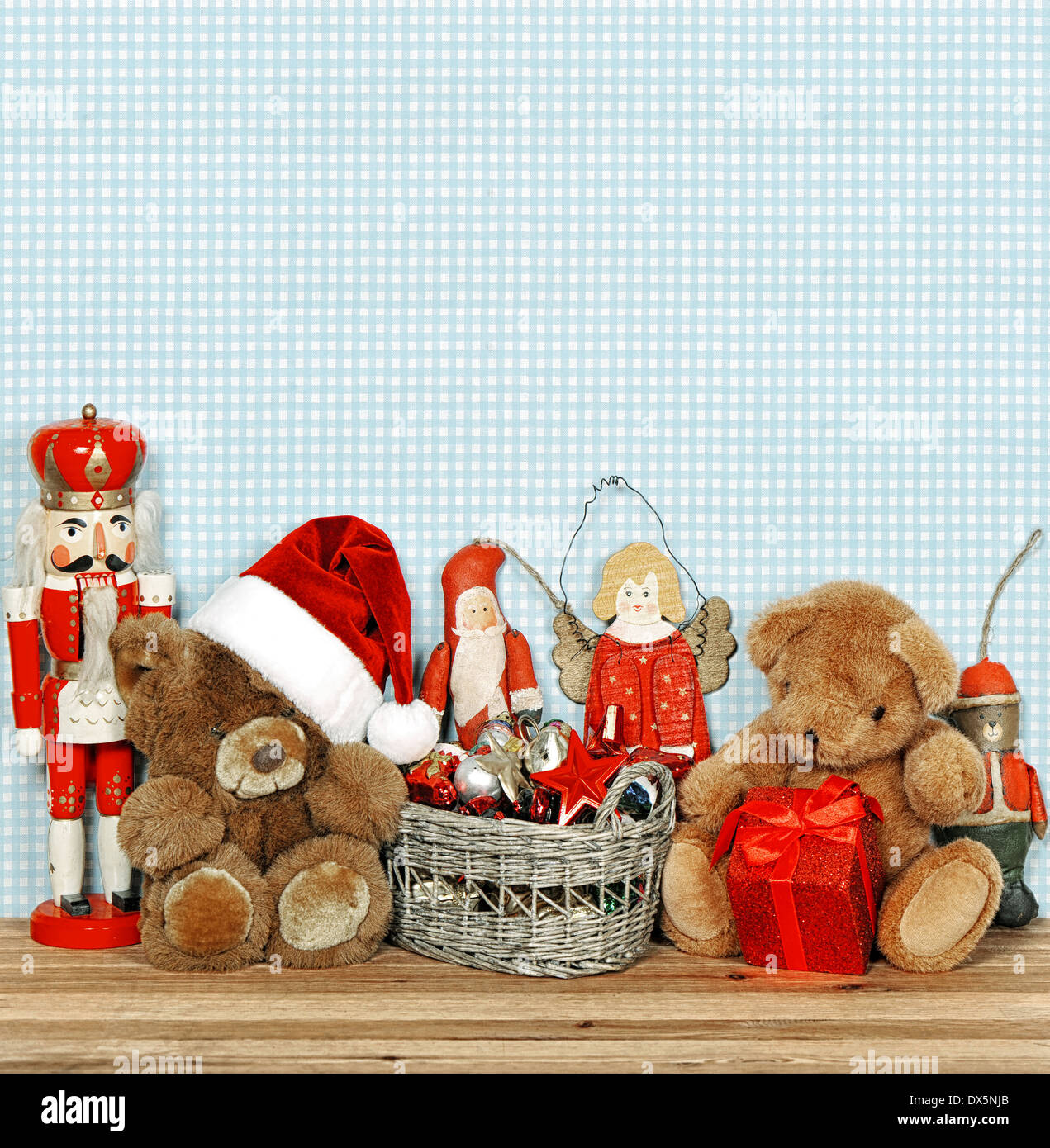 nostalgic christmas decoration with antique toys. retro style toned picture Stock Photo