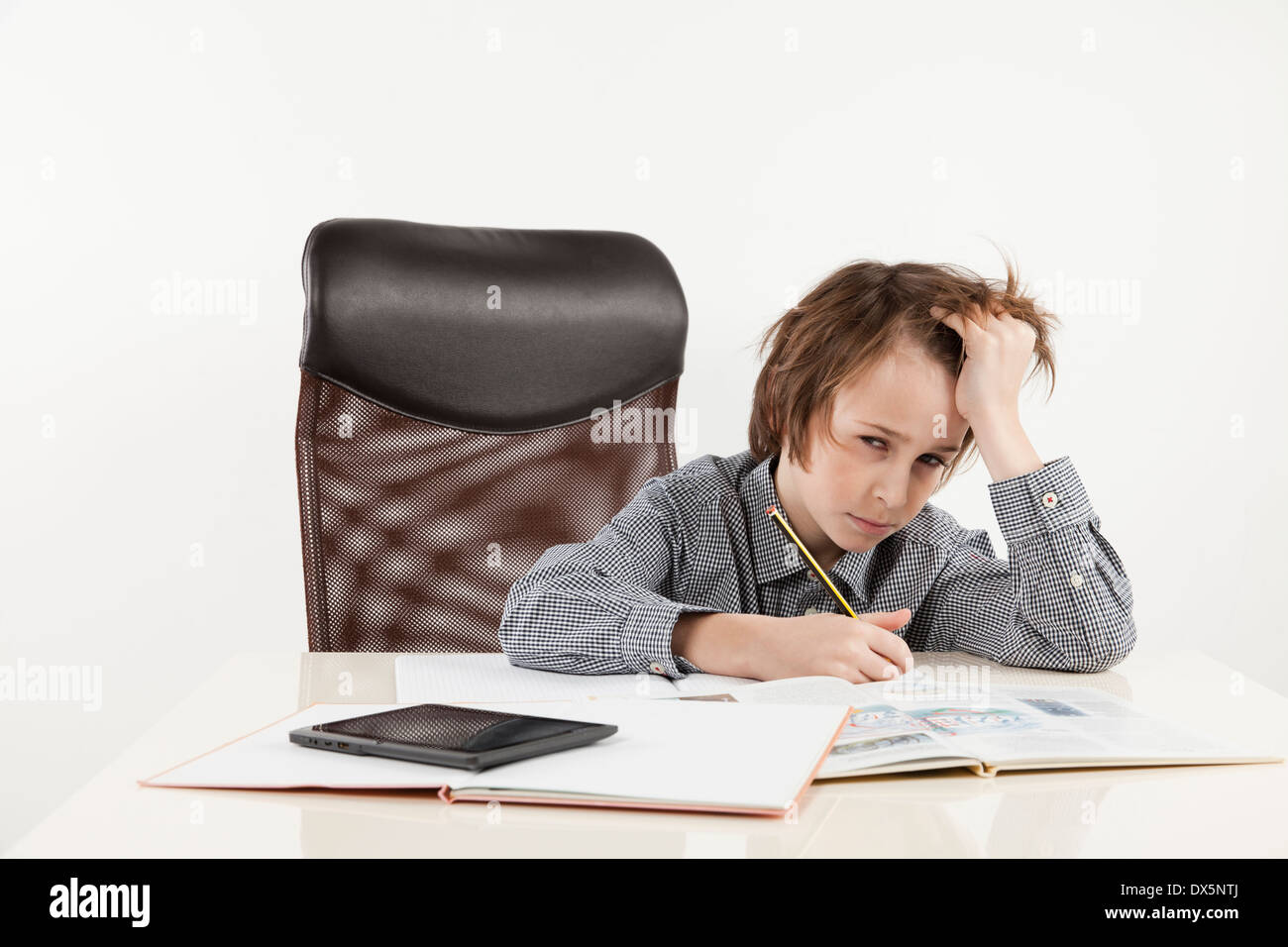 school boy hate learning on white background Stock Photo