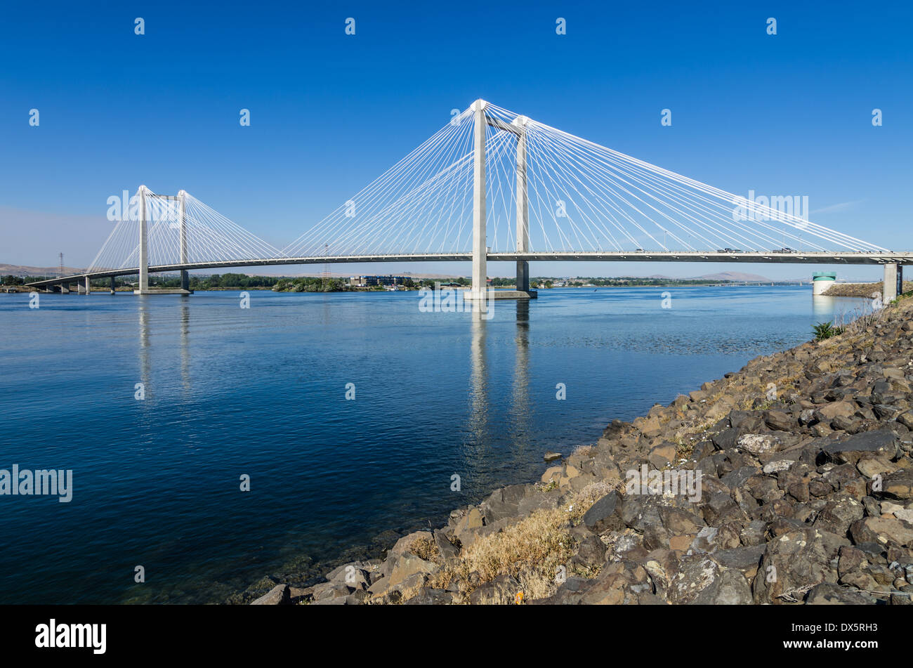 Ed Hendler cable bridge across the Columbia River. Pasco Washington Stock Photo