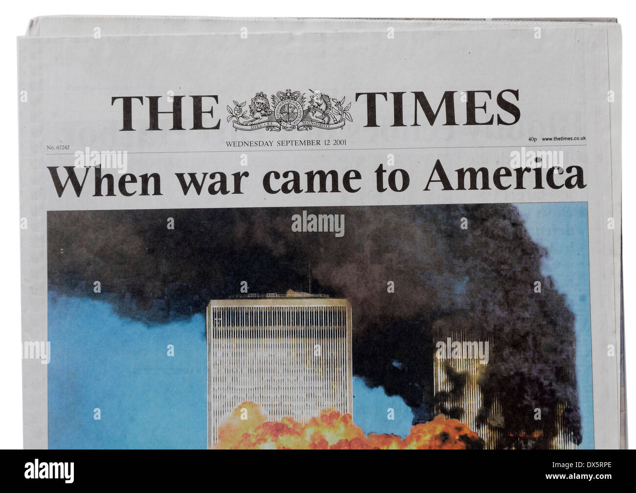 English newspaper announcing the September 11th attacks on New York Stock Photo