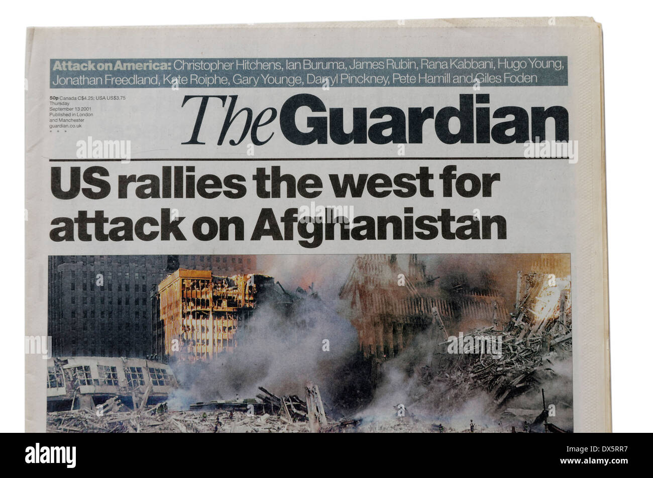 The Guardian from September 13th 2001 announcing the start of the invasion of Afghanistan Stock Photo