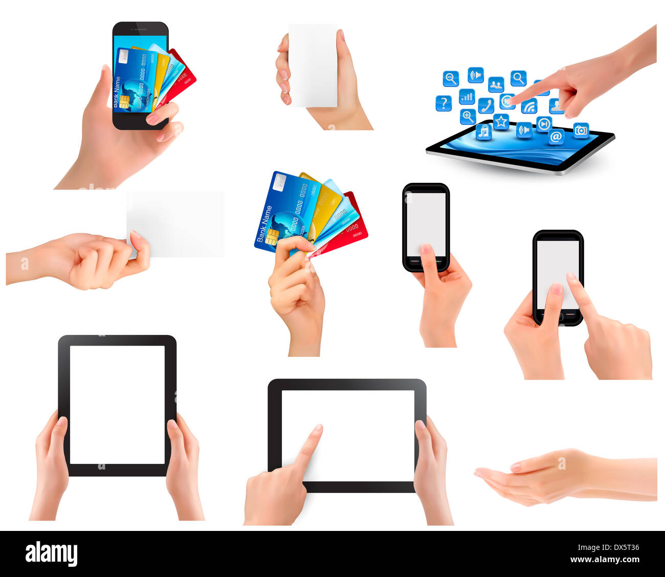Set of hands holding different business objects. Vector illustration ...