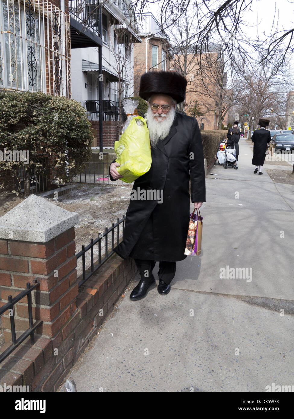 Religious Jews celebrate the holiday of Purim in the Borough Park section of Brooklyn. Stock Photo