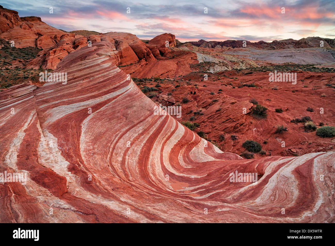 Sunset over the sandstone formation known as the Fire Wave in Nevada's Valley of Fire State Park. Stock Photo