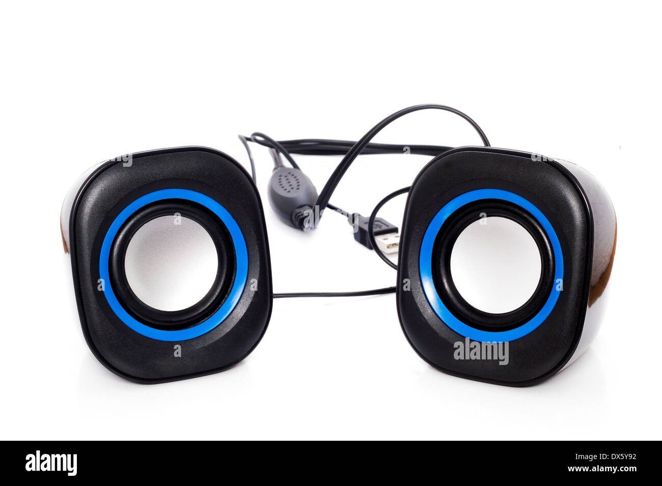 Black small speakers for computers isolated on white background . Stock Photo
